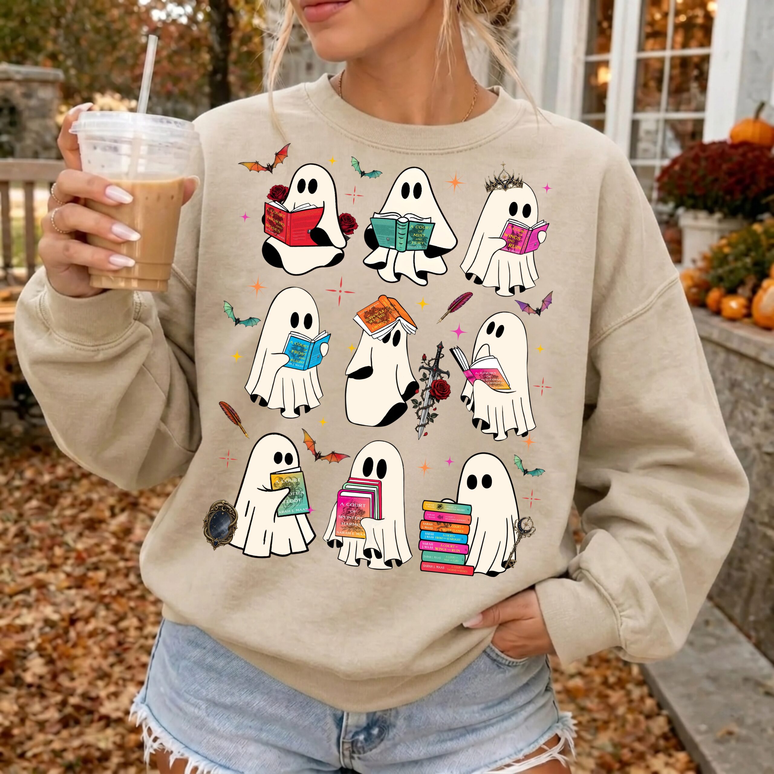 Ghost Reading ACOTAR Series Books Sweatshirt, Ghost Books Romantasy T-Shirt, Booktok Merch, SJM Fan Gift